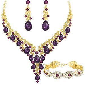 🆕Women Purple Crystal Jewelry Statement Choker Necklace Earrings Bracelets Set